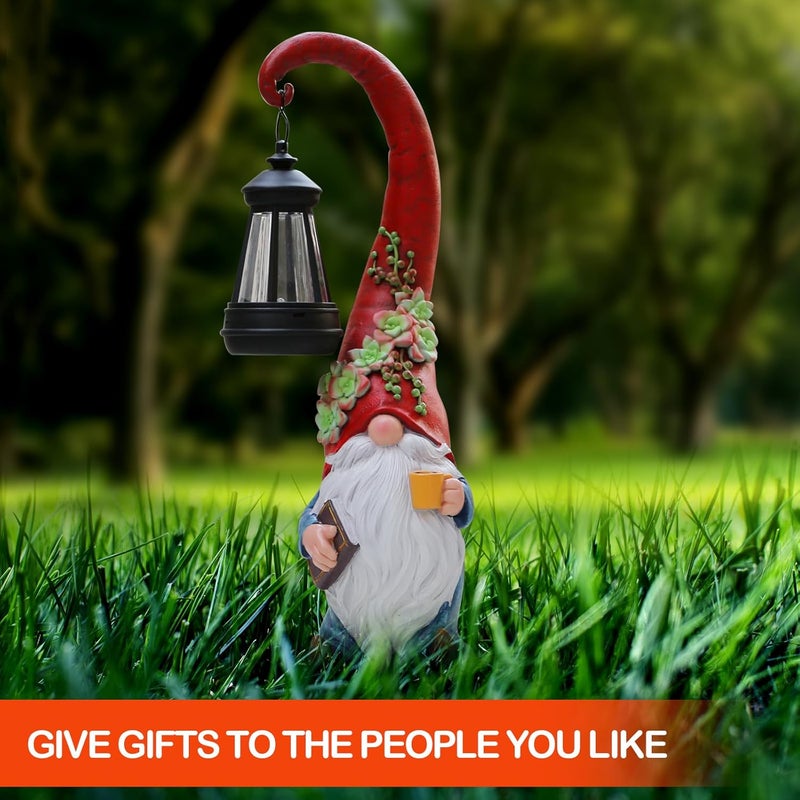 Roundot Store Coffee Gnome Garden Decor Statue Solar-Powered Gnome Ornament Lantern-Lit Courtyard Decoration Birthday Gift for Mom on The Patio - Image 3